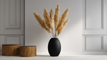Pampas grass in a black vase with two wooden stools against a white paneled wall backdrop indoors