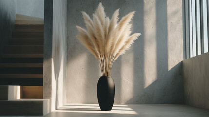 Pampas grass in a black vase near a staircase and window with sunlight casting shadows on the wall