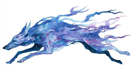 A cosmic, ethereal wolf figure blends shades of blue, purple, and black, embodying a mystical, dreamlike essence as it runs through a starry background.