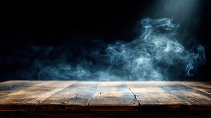 A dark background highlights a wooden surface with swirling blue smoke, creating a mysterious and atmospheric ambiance.