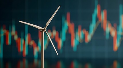 Miniature wind turbine stands before dynamic financial market data display