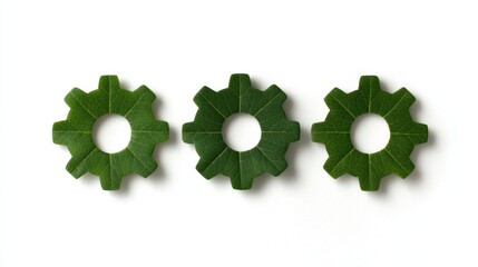 Three green leaf shapes resembling gears are arranged in a row, showcasing an innovative blend of nature and design.