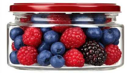 A glass jar filled with fresh berries, including raspberries, blueberries, and blackberries, topped with a red lid.