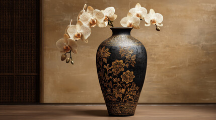 Still life of orchids in a black and gold vase against a neutral background on a wooden surface