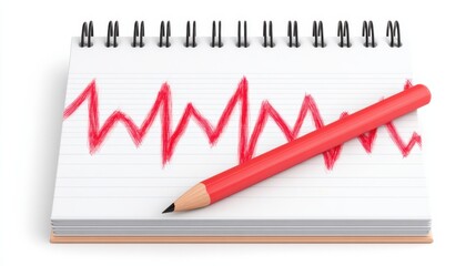 A notebook with a red pencil shows a fluctuating graph, symbolizing analysis, data trends, or financial performance.