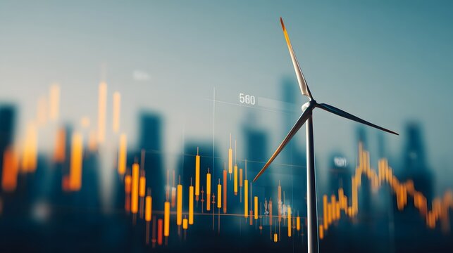 Modern wind turbine technology intersects with dynamic financial market data presentation