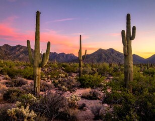 Desert cacti silhouetted against a vibrant, colorful sunset sky