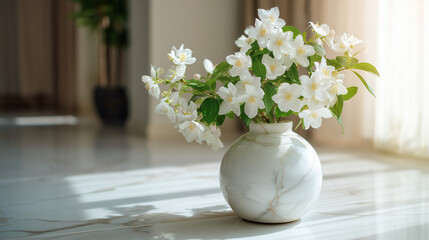 Arrangement of white jasmine flowers in a round marble vase on a marble surface indoors near a window