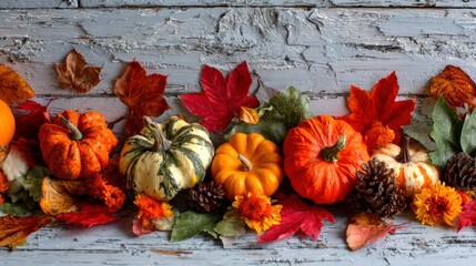A vibrant autumn display featuring pumpkins, gourds, colorful leaves, and pinecones on a rustic wooden surface.
