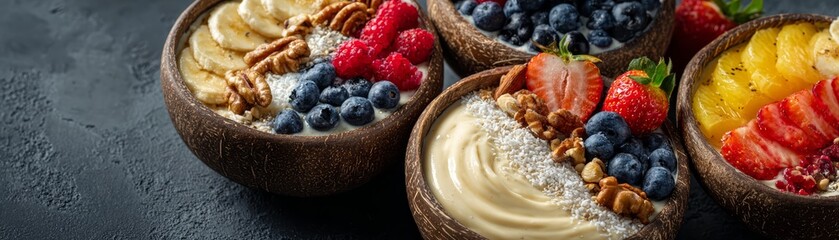 Topdown view of highcalorie smoothie bowls with nuts, seeds, and fruit, vibrant colors, fitness and weight gain concept