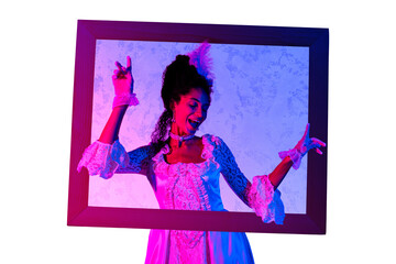 Composite art 3d image collage of happy duchess girl dance inside wooden frame weekend party...