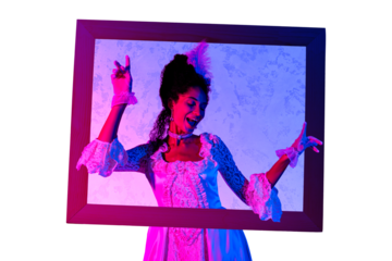 Composite art 3d image collage of happy duchess girl dance inside wooden frame weekend party celebration rococo occasion