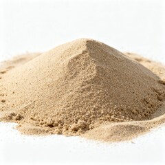 Close up of fine sand pile isolated on white background, natural beach texture mineral grains.