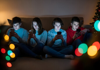 Group of teenagers sitting on couch and floor, faces glowing from phones, surrounded by Christmas lights, portraying digital disconnection.