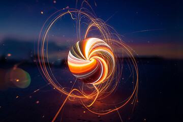 Vibrant swirling energy vortex with cosmic light trails and bokeh effects