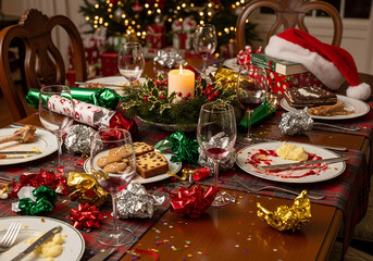 dinner table after celebration Christmas with candle, wine glasses and remains of festive meal in cozy home interior