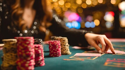 Stacks of colorful gaming tokens rest on a felt table while a person handles playing cards in an evening venue