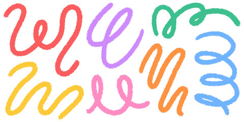 Collection of bright, bold curved lines and loops on a white background. Hand-drawn grunge-inspired waves and swirls with a playful, childlike touch. Artistic doodles in modern style