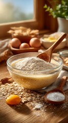 Mixing bowl with protein pancake batter, wooden spoon, scattered ingredients, bright morning light, nutritious breakfast concept