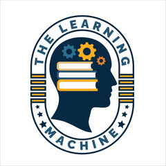 The Learning Machine Logo Design – Human Head with Gears and Books, Education and Knowledge Concept, Vector Illustration
