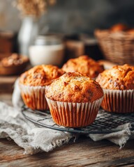 Freshly baked protein muffins cooling on wire rack, warm natural light, rustic kitchen table, healthy homemade snack concept