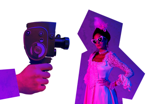 Composite art 3d image collage of serious royal queen wear rococo dress pose retro camera shooting reportage hand video recording