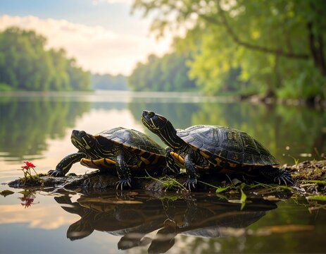 Two turtles sit on a muddy bank with a river and lush green trees in the background, illuminated by sunlight