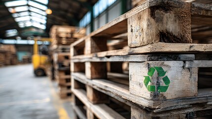 Stacked wooden shipping platforms showing a green environmental symbol inside a commercial storage facility