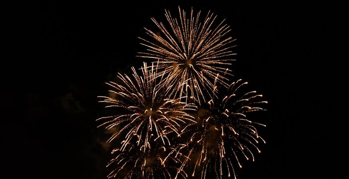 Bright golden fireworks exploding in dark night sky, capturing celebration, joy, energy, and festive atmosphere perfect for holiday, party, and New Year design inspiration - Powered by Adobe