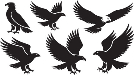 Fototapeta premium Six Black Eagle Illustrations in Flight, Landing, and Perched on White Background