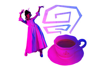 Contemporary art collage of happy duchess girl stand coffee cup beverage steam barista cafeteria...