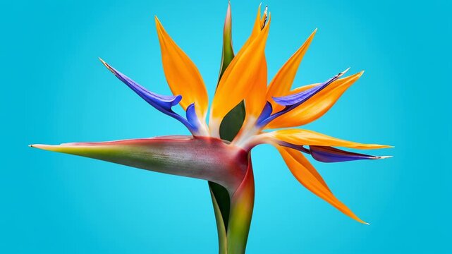 Beautiful Bird of Paradise (Strelitzia Reginae) Flower Blooming in Time-Lapse on a Blue Background.