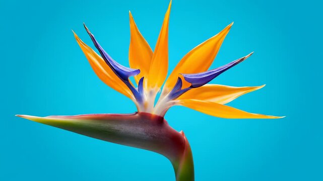 Beautiful Bird of Paradise (Strelitzia Reginae) Flower Blooming in Time-Lapse on a Blue Background.