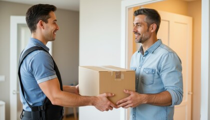 Delivering package to customer with friendly courier service. Courier service involves a smiling delivery man giving cardboard box to satisfied recipient, completing efficient transaction.