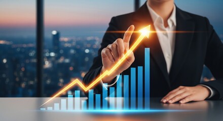 Businesswoman Tracing a Golden Growth Arrow on a Hologram. businesswoman hand elegantly tracing a vibrant, glowing golden-orange arrow as it trends sharply upwards over a translucent blue bar chart.