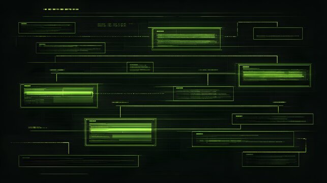 Digital flow chart graphic displays glowing green data streams across a dark interface