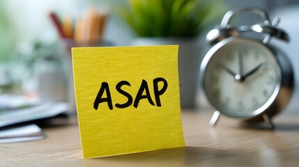 Bright yellow sticky note bearing the abbreviation for immediate action rests on a wooden desk beside an alarm clock