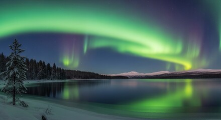 Vibrant green and purple aurora borealis dancing over a serene frozen lake and snow covered pine forest