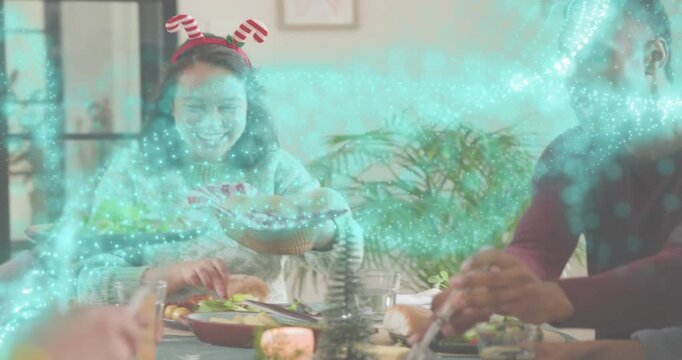 food ad showing serving bread carving roast passing salad adjusting antlers with teal CGI swirling