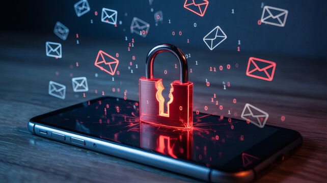 Cyber security breach mobile phone with broken glowing padlock digital data leak email hack online privacy threat binary code