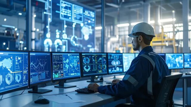 Man analyzing complex data on multi-screen security monitoring system in high-tech control room
