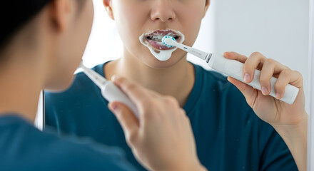 Reflection of a person brushing teeth with electric toothbrush in bathroom mirror