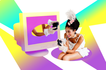 Trend artwork composite banner 3D photo collage of modern meet retro rococo style young lady sit play joystick computer monitor gamer