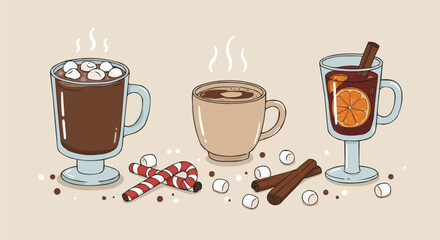 Set of mugs with hot chocolate, coffee, and tea topped with cinnamon and candy. Perfect for holiday design projects.