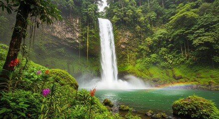 Majestic tall waterfall cascading into a lush green tropical rainforest pool with mist and rainbow
