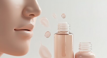 Close up of face with bottles and liquid drops floating around , trending, fashion, lifestyle
