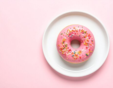 Dona con glaseado rosa y chispas de colores, colocada en un plato blanco. Fondo neutro