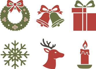 Fototapeta premium Vintage Christmas Icon Set with Texture. Retro holiday symbols in red and green, including wreath, bells, gift, snowflake, reindeer, and candle.