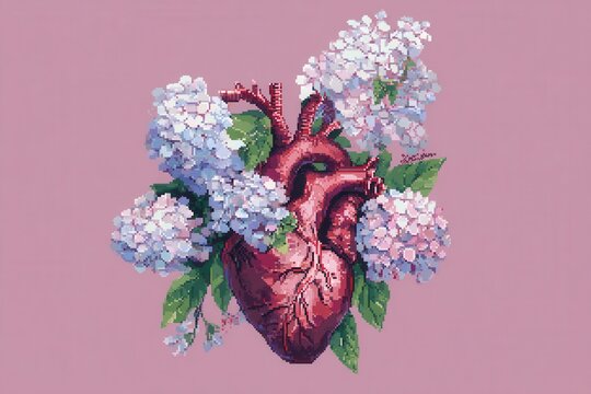 Pixel Art Heart and Hydrangeas, Anatomical Heart Surrounded by Blue and Pink Flowers