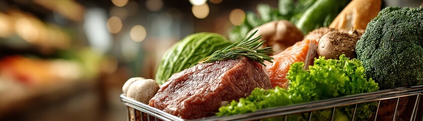Shopping cart filled with fitnessfocused groceries, lean meats, greens, and whole grains, bright supermarket setting, health and wellness concept